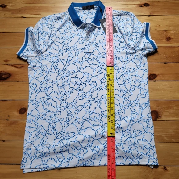 New G Fore Polo Shirt Mens Medium Blue Geometric Performance Stretch Preppy USA - Picture 9 of 11